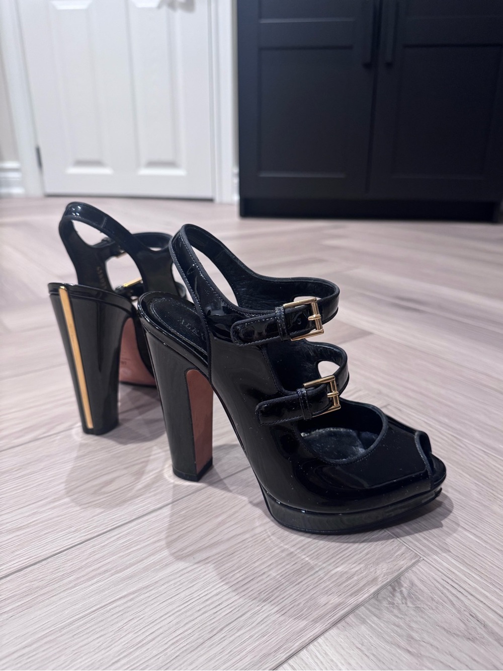 Alexander McQueen Black Patent Platform Heels with Gold Buckles